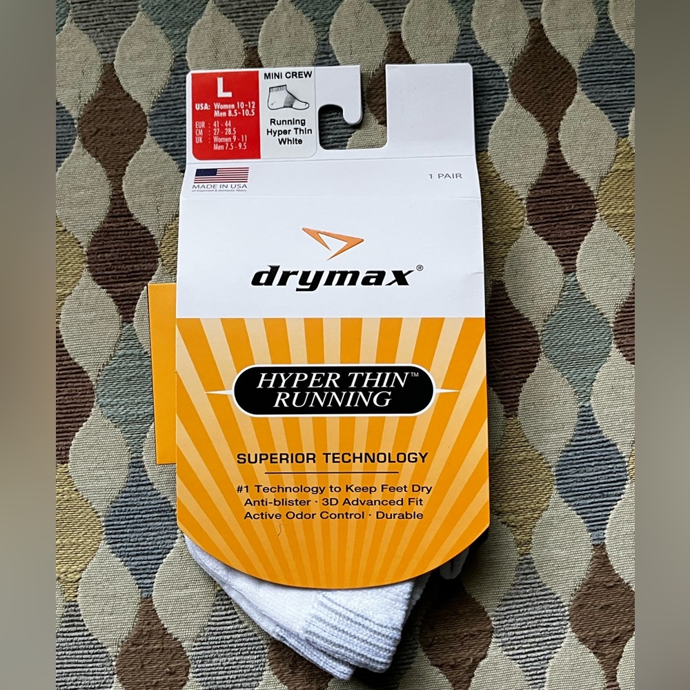 Drymax Hyper Thin Running Socks Mini Crew, L, Men 8.5 - 10.5; Women 10-12 / NEW